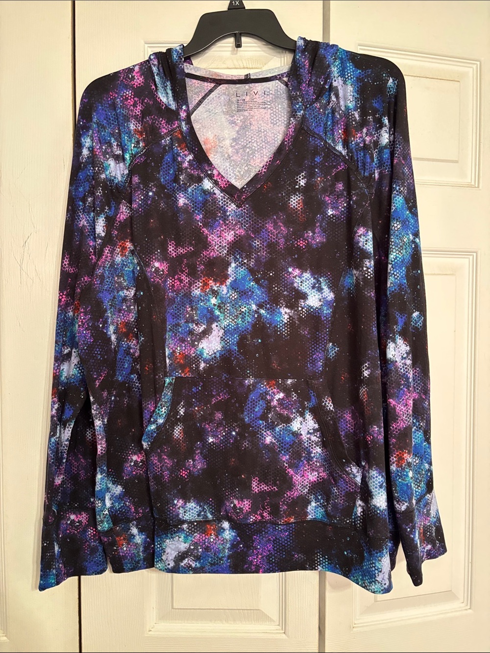 Lane Bryant/Livi Active Galaxy V-Neck Hoodie in Blue, Purple, Pink
